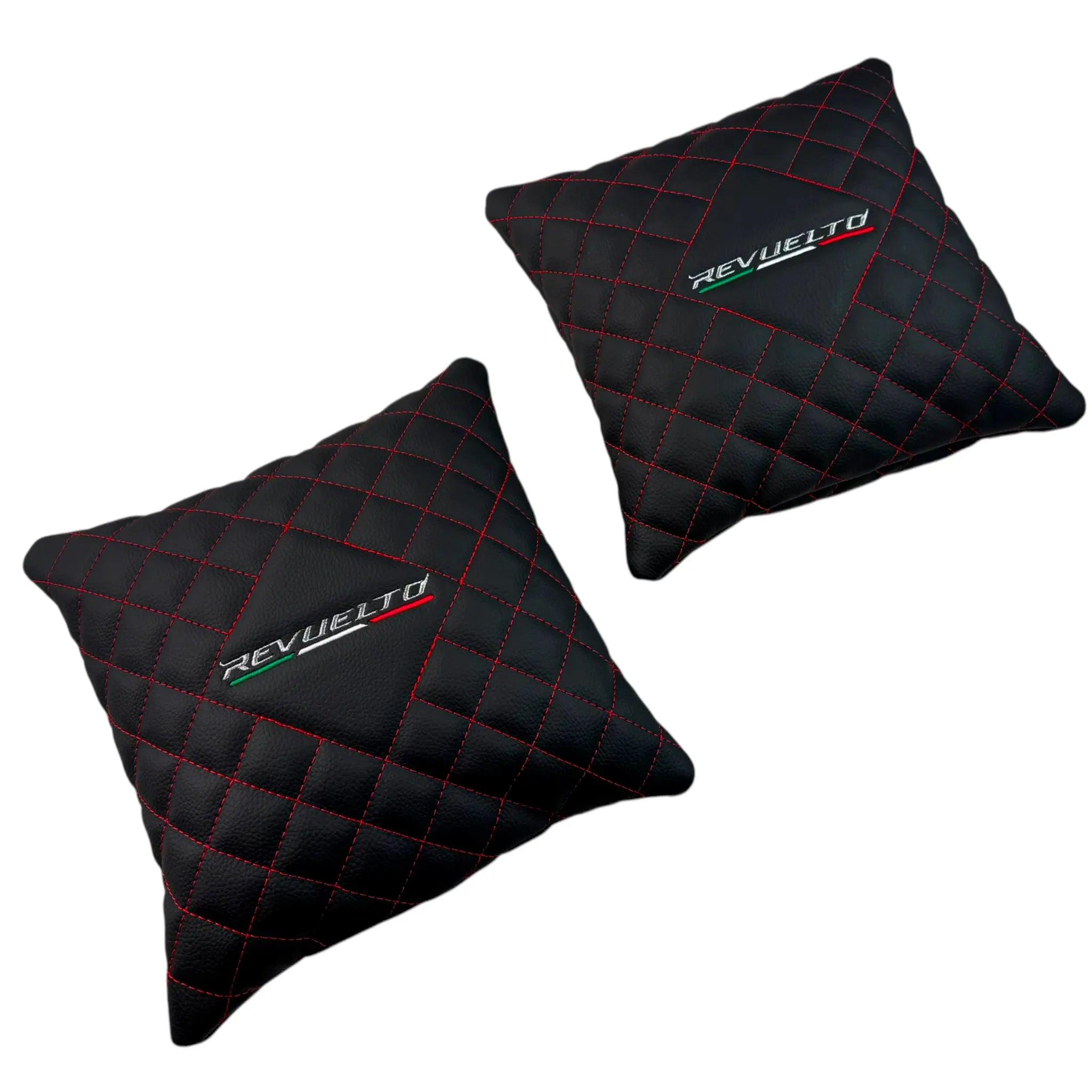 Black Leather Pillows for Lamborghini Revuelto Set of 2 | Red Sewing