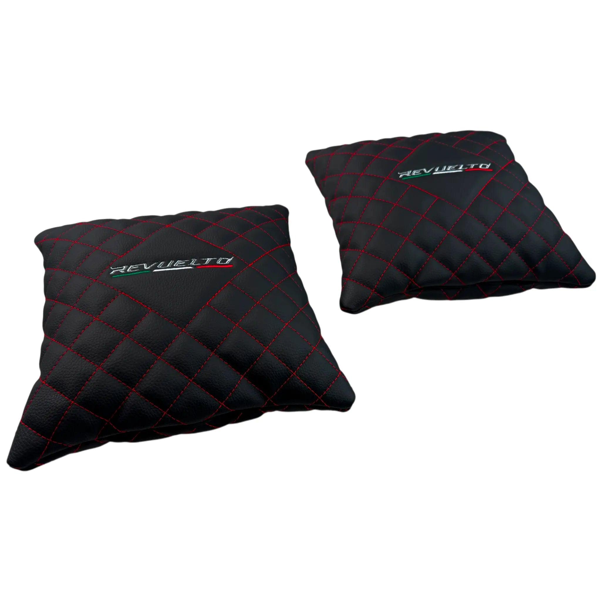 Black Leather Pillows for Lamborghini Revuelto Set of 2 | Red Sewing