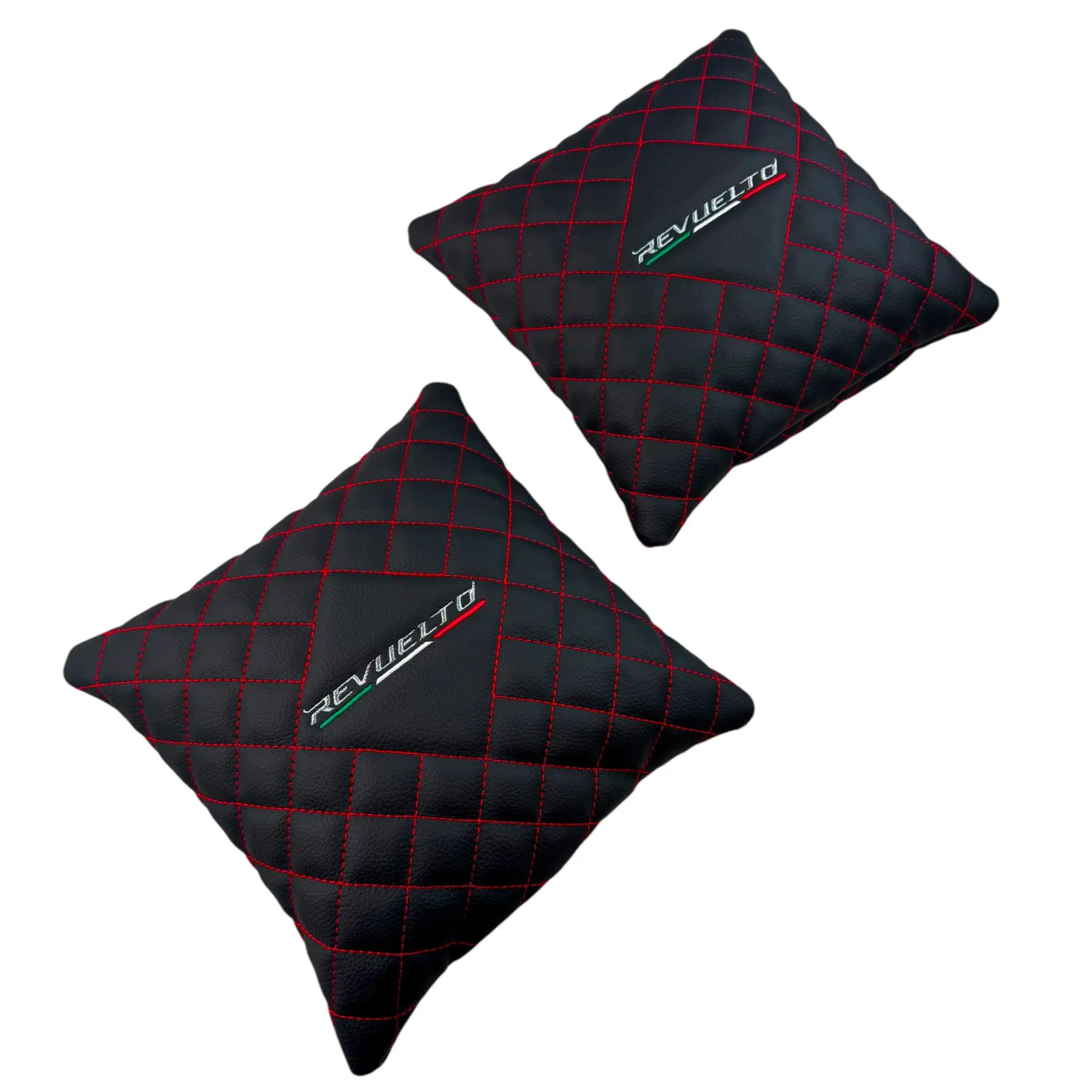 Black Leather Pillows for Lamborghini Revuelto Set of 2 | Red Sewing