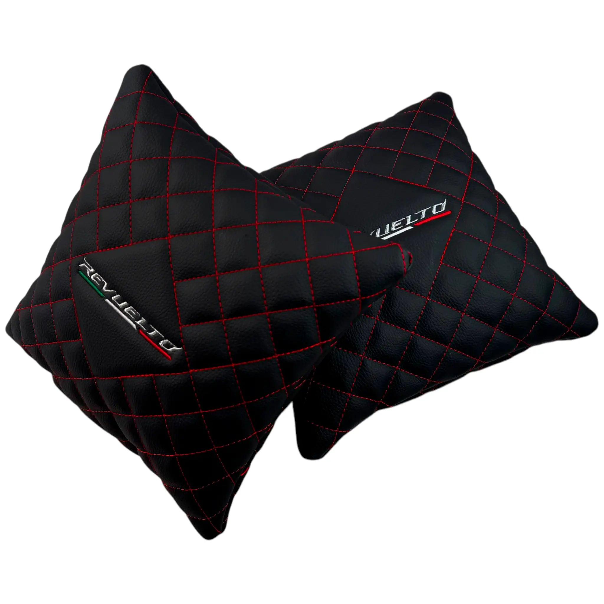 Black Leather Pillows for Lamborghini Revuelto Set of 2 | Red Sewing