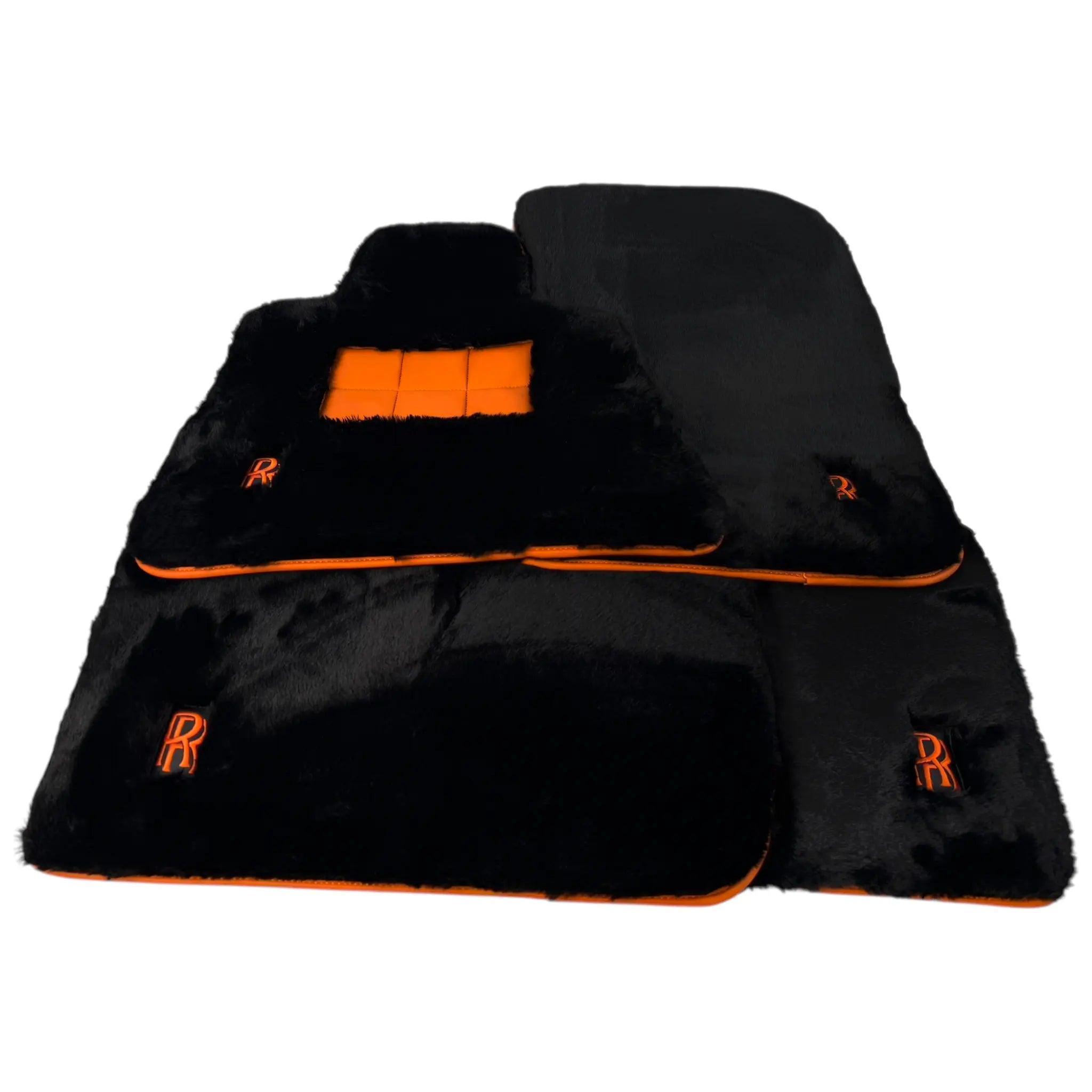 Black Sheepskin Floor Mats for Rolls Royce Spectre (2023-2024) with Orange Leather