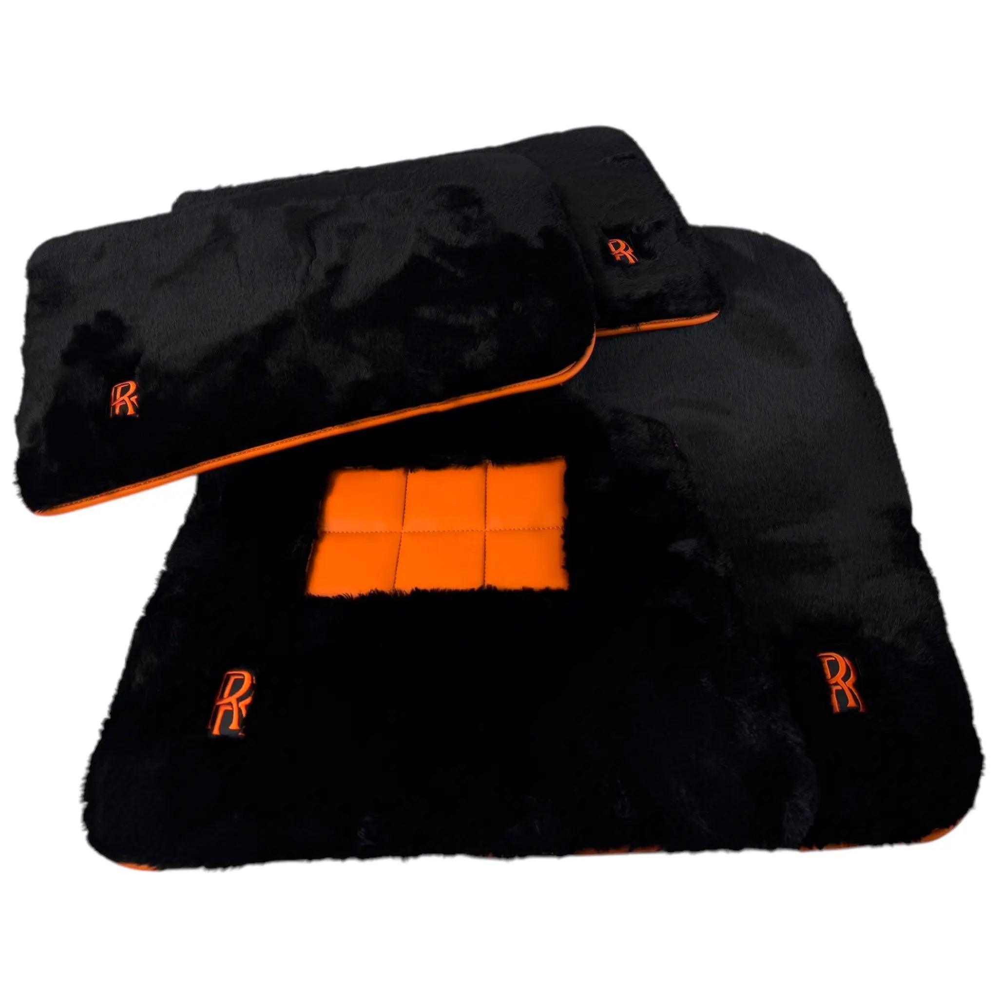 Black Sheepskin Floor Mats for Rolls Royce Spectre (2023-2024) with Orange Leather