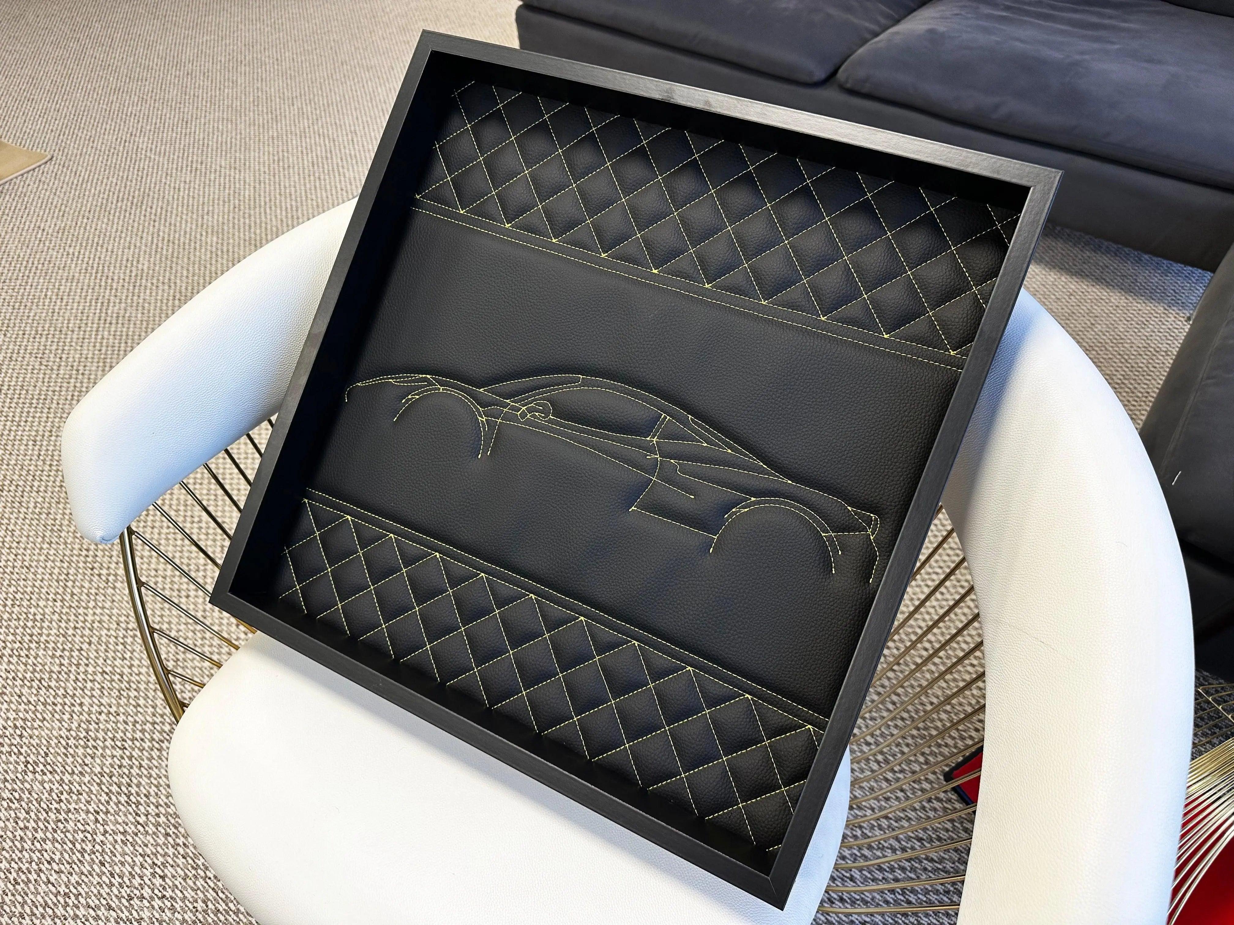 Black Leather Ferrari 488 Inspired Wall Art: Embroidered Yellow Stitch Luxury Decor