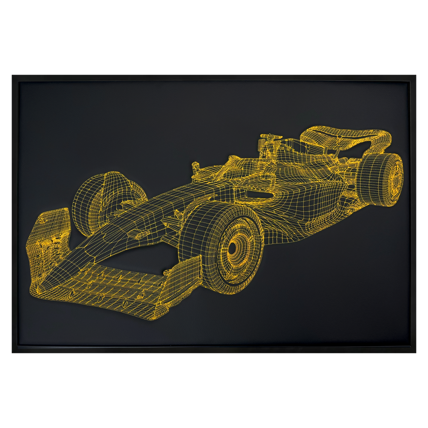 Black Leather Formula 1 Race Car Inspired Wall Art: Embroidered Yellow Stitch