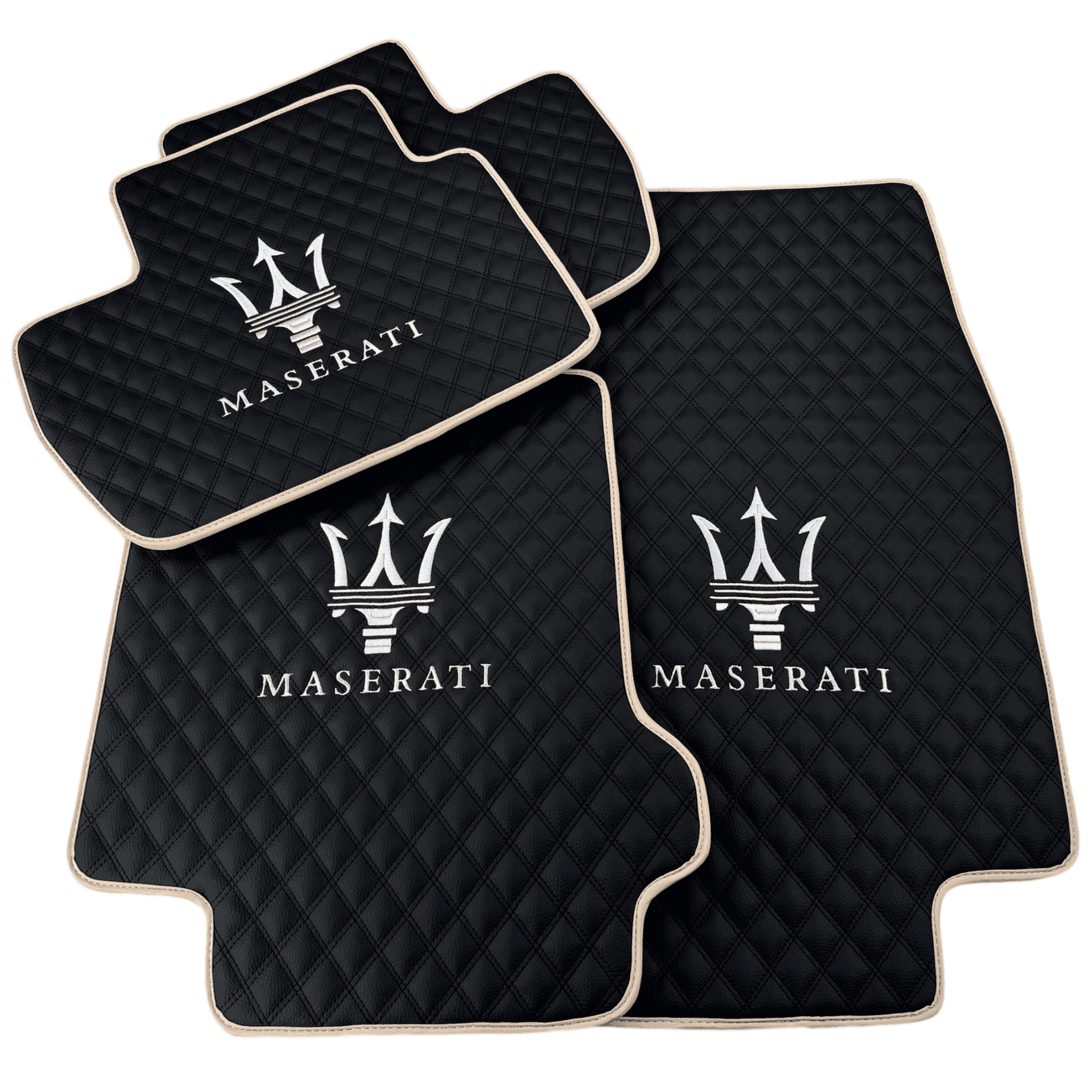 Black Stitched Leather Floor Mats with Logo for Maserati Coupe (2002–2007) | Beige Trim - AutoWin