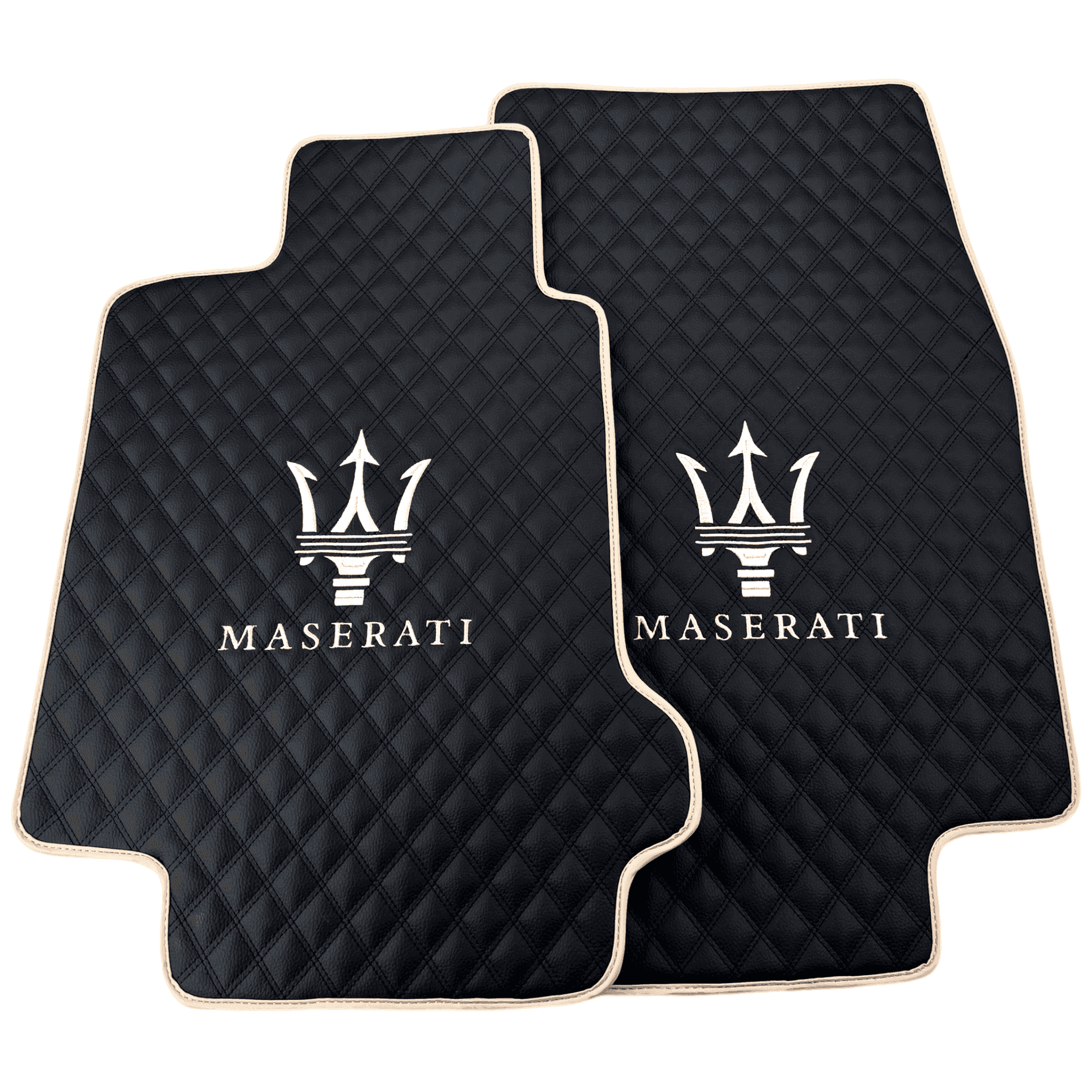 Black Stitched Leather Floor Mats with Logo for Maserati Coupe (2002–2007) | Beige Trim - AutoWin